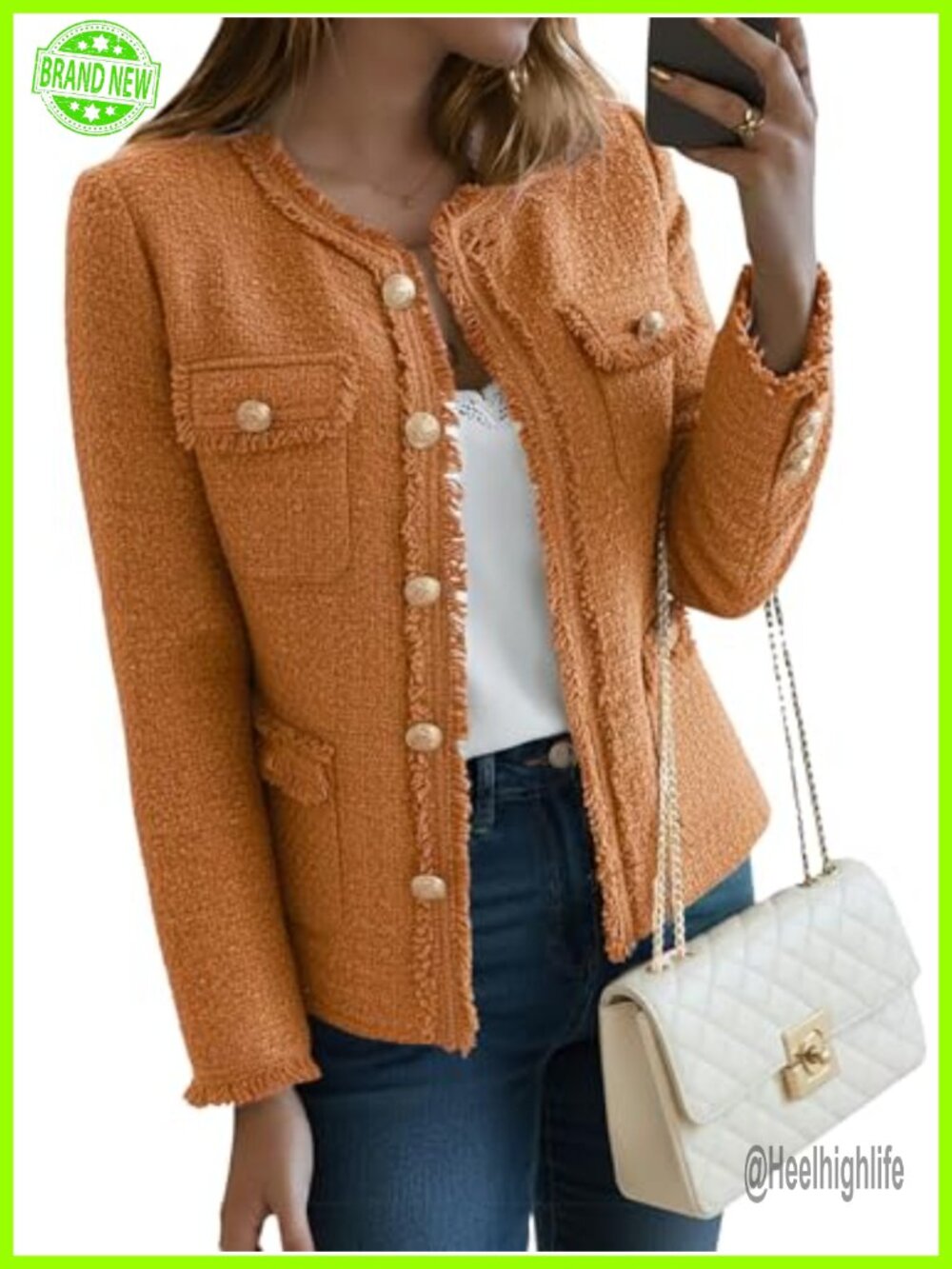 Tweed Blazer Jacket Crewneck Open Front Office Coat Pockets